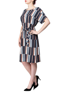 SCANDINAVIA-Short Sleeve Multicolored Belted Shift Dress
