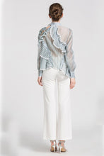SEE-THROUGH STRIPE LONG SLEEVES BLOUSES WITH TALL COLLAR AND ASYMMETRIC HEM