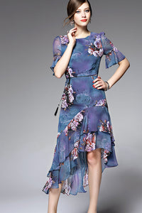 Sleeve Printed Chiffon Dress with uneven bottom