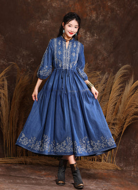 Spring and autumn new embroidered denim dress
