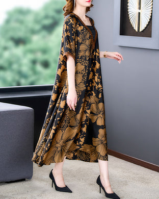Women's summer V-neck loose print fake two piece style dress