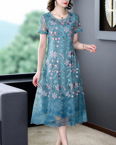 New summer blue embroidered plus-size dress