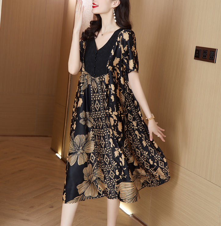 Summer new patchwork V-neck loose temperament dress