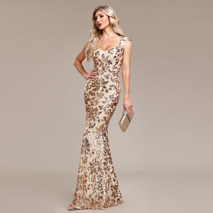 Women Formal Mermaid Evening Dress Gold Sequin Party Dresss