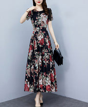 Ladies Slimming Long dress with waist and short sleeves