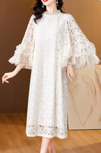 Round neck lace jacquard custom beaded trumpet sleeve dress for women