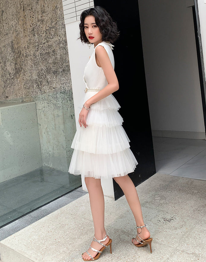 Ladies sexy V-neck design layered Tulle white dress