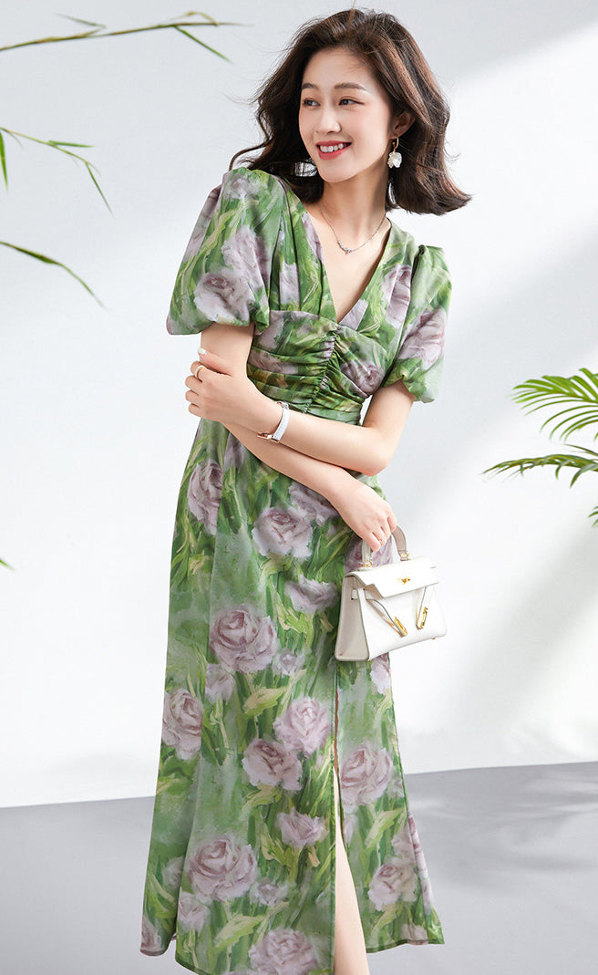 Temperament Senior Sense V-neck Flower Print Puffy Sleeve Dress