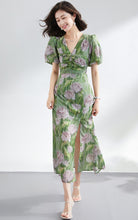 Temperament Senior Sense V-neck Flower Print Puffy Sleeve Dress