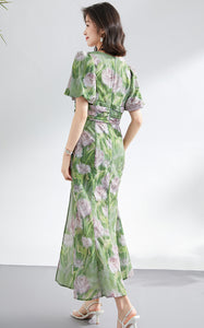 Temperament Senior Sense V-neck Flower Print Puffy Sleeve Dress