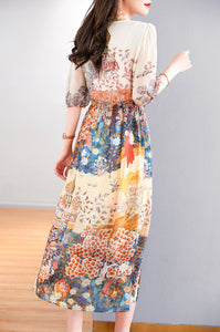 Short sleeve beautiful print bohemian midi dress women