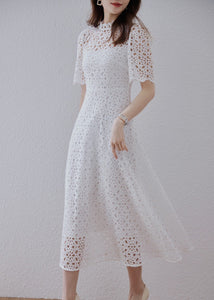 Lace Embordered Short Sleeve Hollow Out Elegant Midi Dress