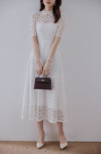 Lace Embordered Short Sleeve Hollow Out Elegant Midi Dress