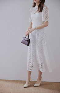 Lace Embordered Short Sleeve Hollow Out Elegant Midi Dress