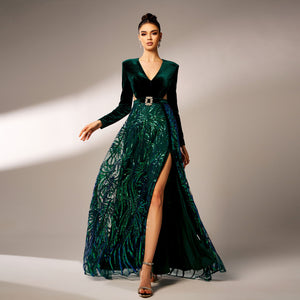 High slit sequin long sleeve maxi dress