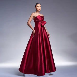 Red Elegant A-Line Long Evening Bow Dress