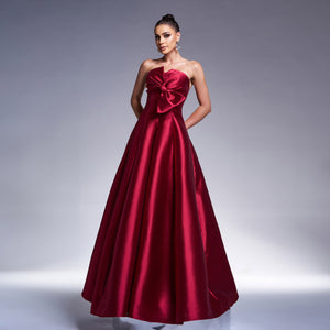 Red Elegant A-Line Long Evening Bow Dress