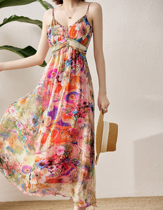 Silk Dress Floral Print Spaghetti Strap Dress