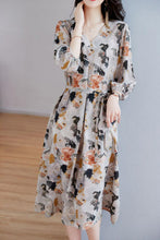 100% silk Fashion design v neck multi color floral print long sleeve A-line dresses