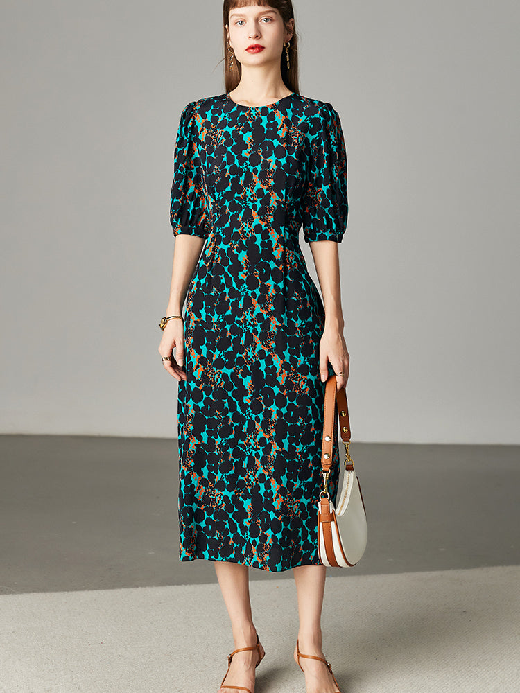 Elegant Leopard Print Short Sleeve Silk Dress