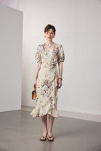 Vintage Elegant Floral Printing Pleated Silk V-Neck Dress