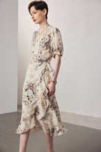 Vintage Elegant Floral Printing Pleated Silk V-Neck Dress