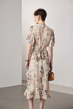 Vintage Elegant Floral Printing Pleated Silk V-Neck Dress