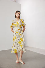 Vintage Elegant Floral Printing Pleated Silk V-Neck Dress