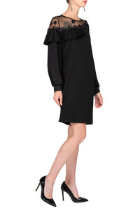 SCANDINAVIA-Long Sleeve Ruffle Accent Patchwork Shift Dress