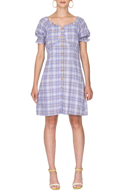 Puff Sleeve Button Front Plaid Mini Dress