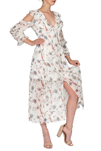 Long Sleeve Printed Ruffle Fit & Flare Dress