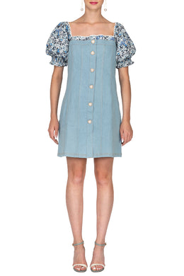 Puff Sleeve Square Neck Contrast Denim Mini Dress