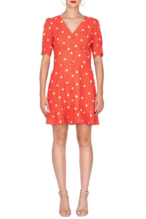 Polka dot V-neck Ruffle Hem A-line Dress