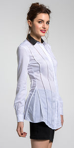 Pin-Tucked Tuxedo Shirt w/Lamb Leather Collar-WHITE