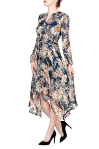 TWO PEARS-Long Sleeve Floral Elastic Waist Asymmetrical Dress With Bottom Dress