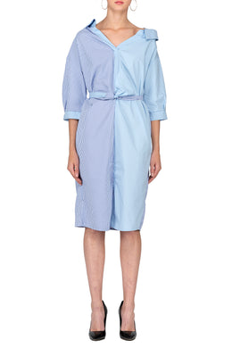 TWO PEARS-Half Sleeve Contrast Belted Draped Shirt Dress