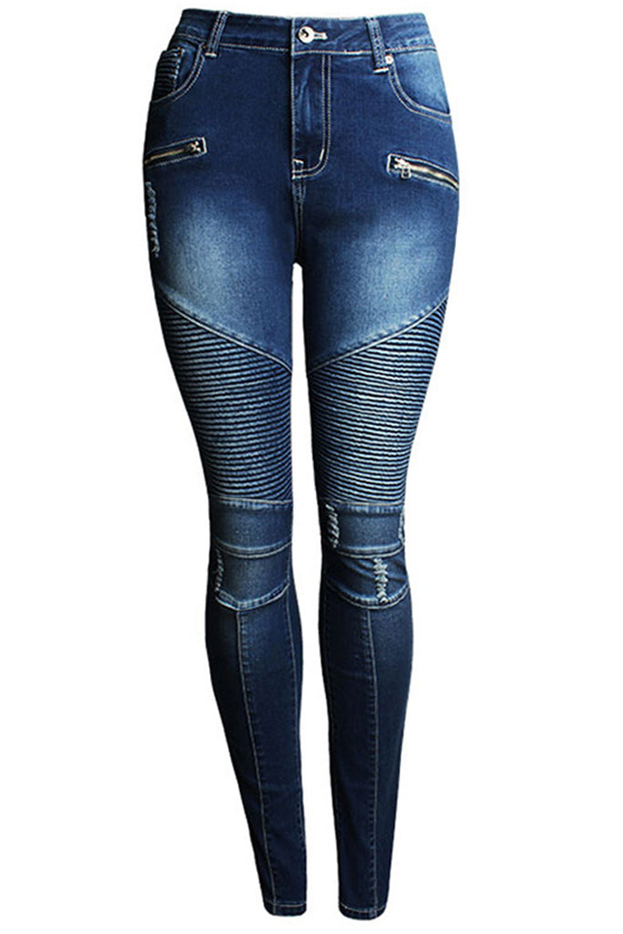 Zipper Accent Elastic Skinny Denim Jeans