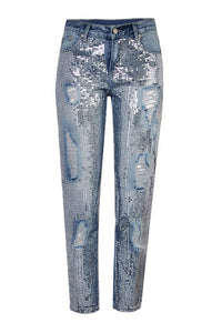 Sequin front denim jeans