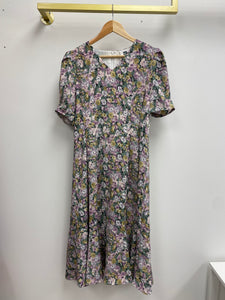 Short Sleeve V-neck Floral Purple Midi Dress