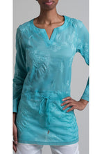 Floral Embroidered Cotton Shirting Drawstring Shirt - Aqua