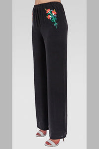 Cinch-Waistband Embroidered Sheer Palazzo Pants - Black