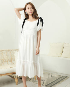 TWO PEARS-Puff Sleeve Shoulder Bowknot Ruffle Hem Shift Dress