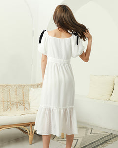 TWO PEARS-Puff Sleeve Shoulder Bowknot Ruffle Hem Shift Dress