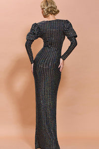 PUFF SLEEVE HIGH SLIT SEQUIN MAXI DRESS