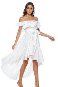 Off-Shoulder Asymmetrical Hem Waist Belted Ruffle Dress