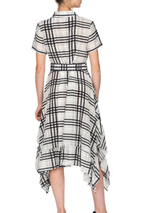 Button Down Plaid Silk Dress with Asymmetrical Hem and Belted waist