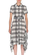 Button Down Plaid Silk Dress with Asymmetrical Hem and Belted waist