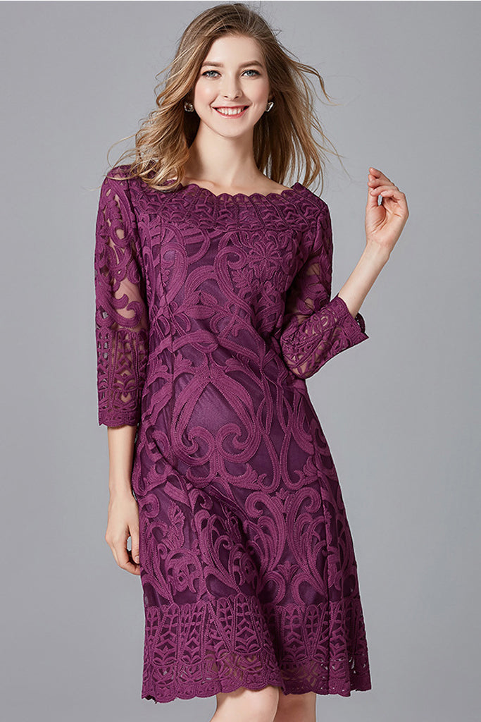 Three Quarter Sleeve Lace Midi Dress