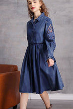 Hollow Out Sleeve Button Down Denim A-line Dress