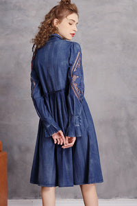 Hollow Out Sleeve Button Down Denim A-line Dress